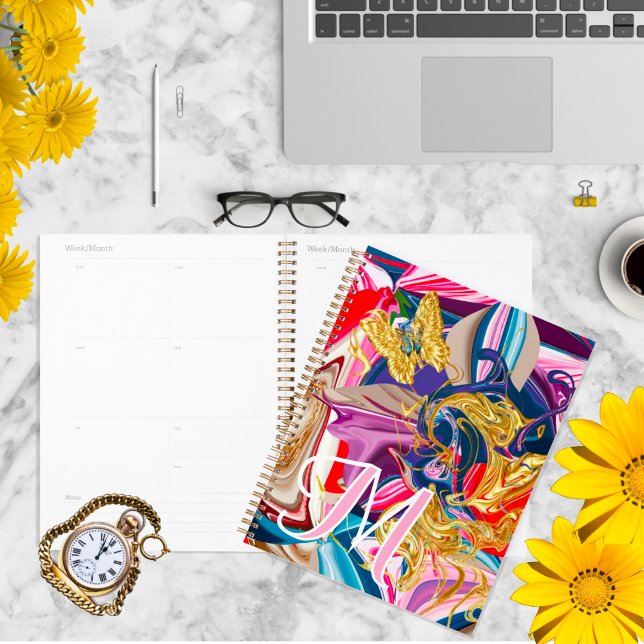 Gold Butterfly Swirl Pink Monogram Liquid Abstract Planner (Creator Uploaded)