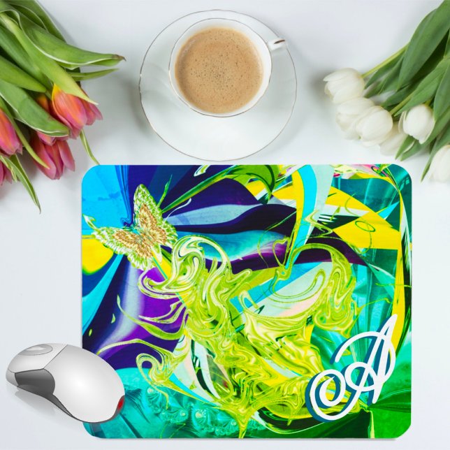 Gold Butterfly Swirls Monogram Liquid Abstract Mouse Pad (Creator Uploaded)