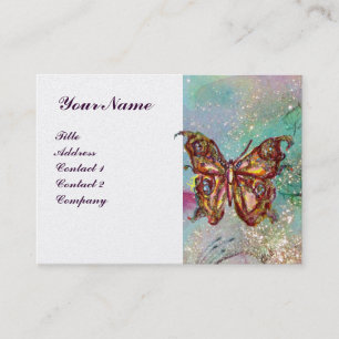 GOLD BUTTERFLY,TEAL AQUA BLUE SPARKLES White Pearl Business Card