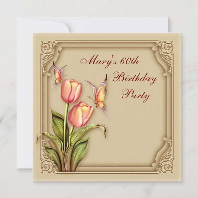 Gold Butterfly Tulips Elegant 60th Birthday Party Invitation (Front)