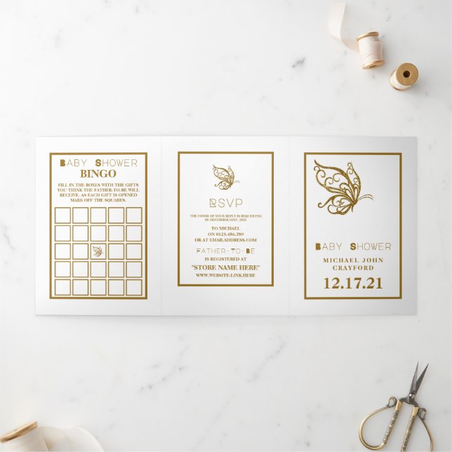 Gold Butterfly, White & Gold Baby Shower Suite Tri-Fold Invitation (Outside)