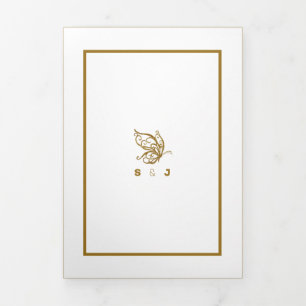 Gold Butterfly, White & Gold Wedding Suite Tri-Fold Invitation