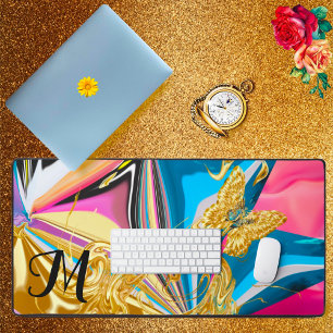 Gold Butterly Flower Monogram Liquified Abstract  Desk Mat