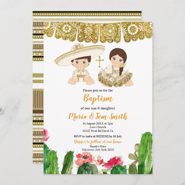 Gold Cactus Baptism Fiesta Twin Invitation (Front/Back)