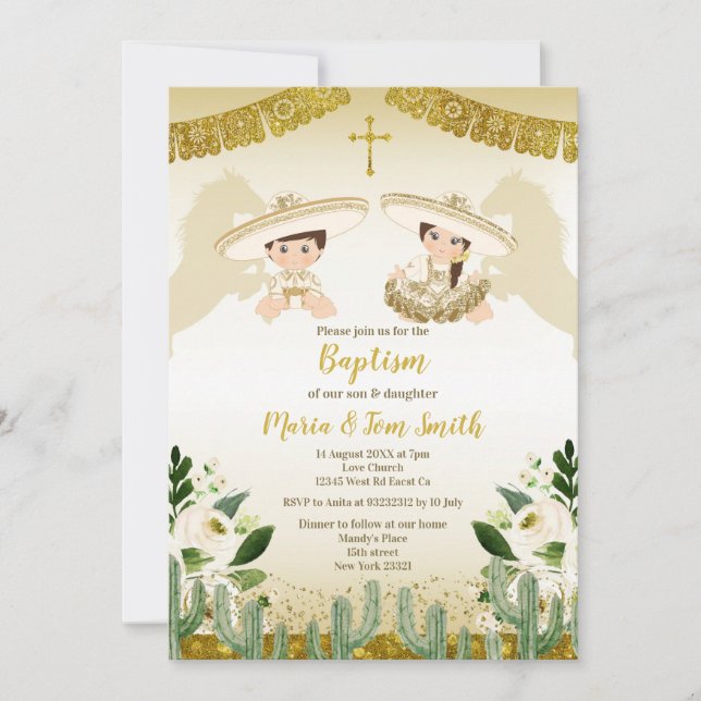 Gold Cactus Birthday Baptism Fiesta Twin Invitation (Front)