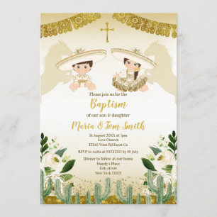 Gold Cactus Birthday Baptism Fiesta Twin Invitation