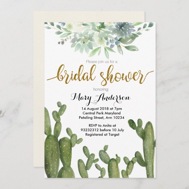Gold Cactus Bridal Shower Invitation Succulent (Front/Back)