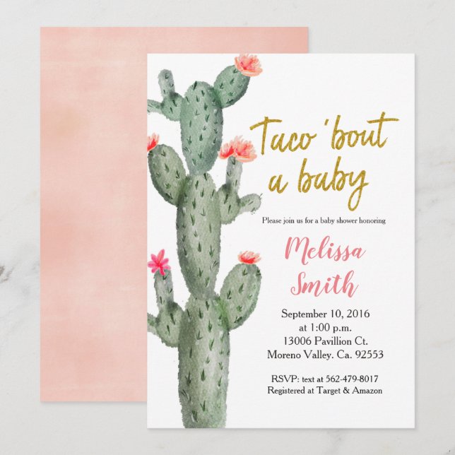 Gold Cactus floral Baby Shower Taco Bout Baby Invitation (Front/Back)