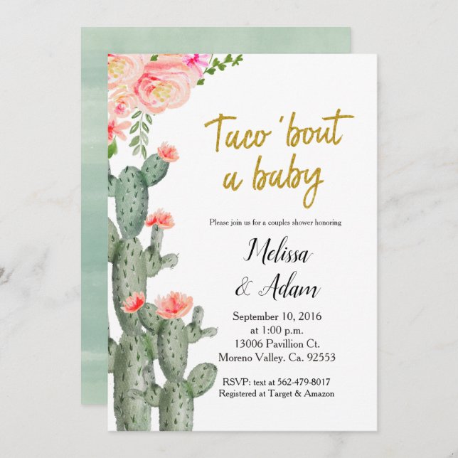 Gold Cactus floral Taco Bout Baby Baby Shower Invitation (Front/Back)