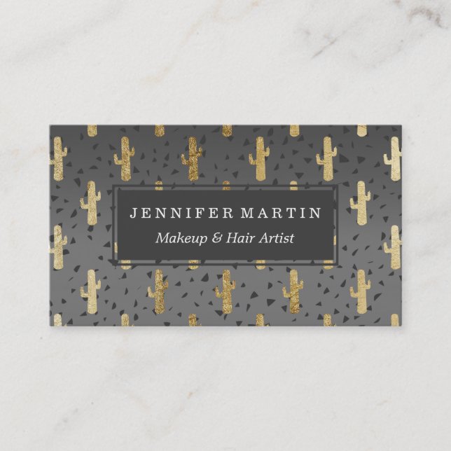 Gold Cactus on Modern Chic Geo Triangles Gradient Business Card (Front)