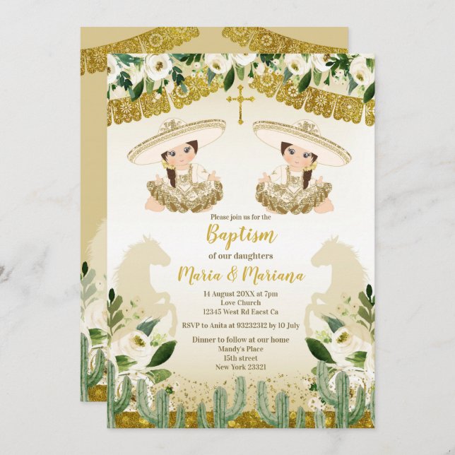 Gold Cactus Twins Girl Baptism and Birthday Invitation (Front/Back)