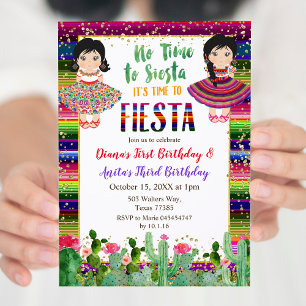 Gold Cactus Twins Girl Birthday Fiesta Invitation