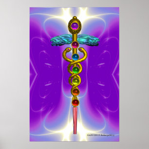 GOLD CADUCEUS 7 CHAKRAS,Yoga,Medical Purple Violet Poster