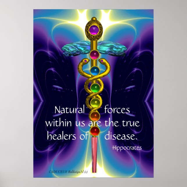 GOLD CADUCEUS AND 7 CHAKRAS IN BLUE PURPLE WAVES POSTER (Front)