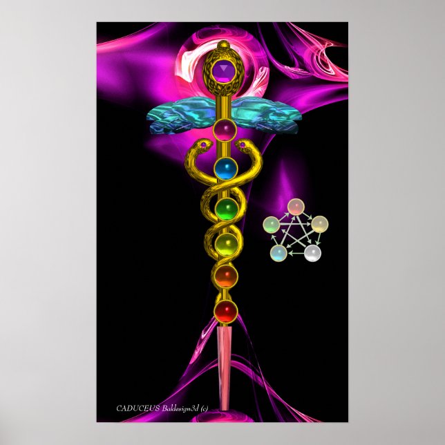 GOLD CADUCEUS AND 7 CHAKRAS IN PINK FRACTAL ROSE POSTER (Front)