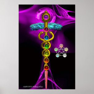 GOLD CADUCEUS AND 7 CHAKRAS IN PURPLE FRACTAL ROSE POSTER