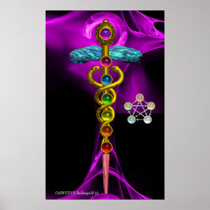 GOLD CADUCEUS AND 7 CHAKRAS IN PURPLE FRACTAL ROSE POSTER