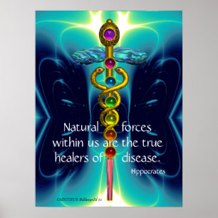 GOLD CADUCEUS AND 7 CHAKRAS IN TEAL BLUE WAVES POSTER