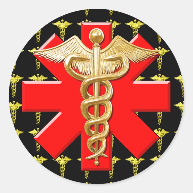 Gold Caduceus And Medical Cross Classic Round Sticker (Front)
