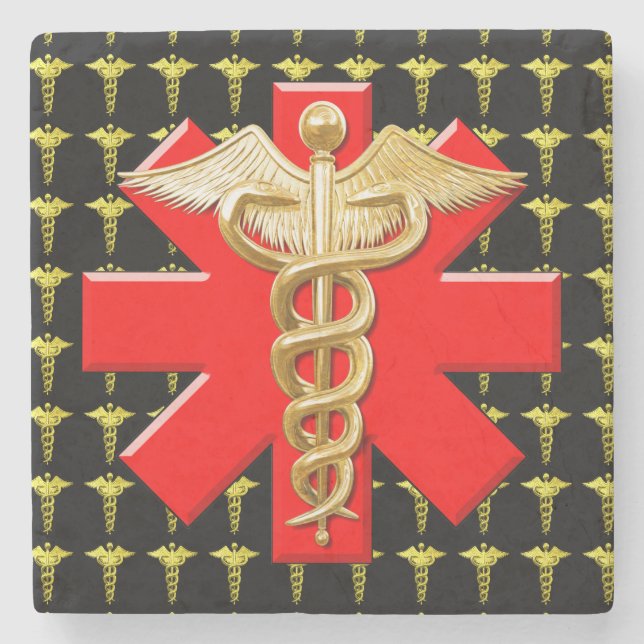 Gold Caduceus And Medical Cross Stone Coaster (Front)
