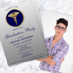 Gold Caduceus Blue Medical Graduation Photo Invitation