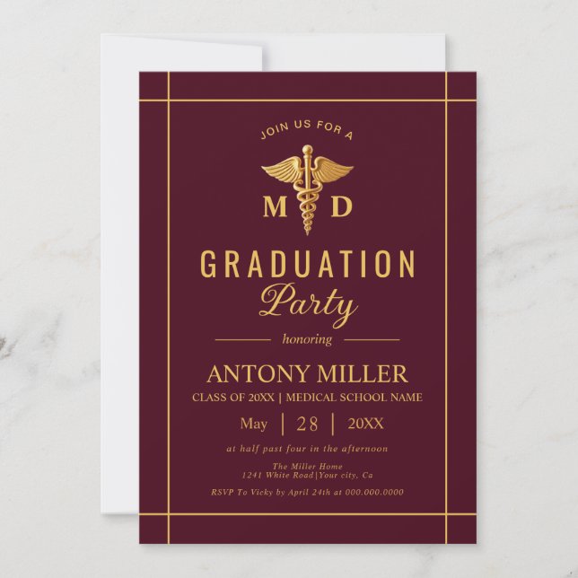 Gold caduceus Class Of 2025 burgundy graduation Invitation (Front)