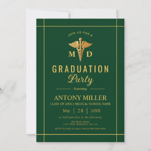 Gold caduceus Class Of 2025 green graduation Invitation