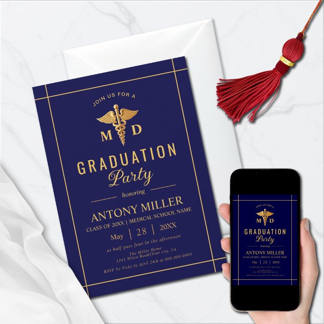 Gold caduceus Class Of 2025 navy blue graduation Invitation (Creator Uploaded)