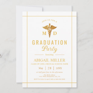 Gold caduceus Class Of 2025 white graduation Invitation