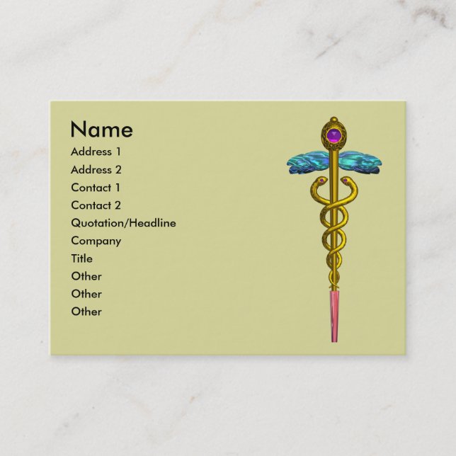 GOLD CADUCEUS,DOCTOR MEDICAL SERVICE Blue Yellow Business Card (Front)