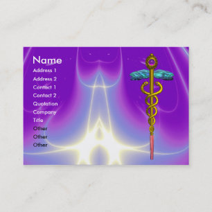 GOLD CADUCEUS,DOCTOR,MEDICAL SERVICE Bright Purple Business Card
