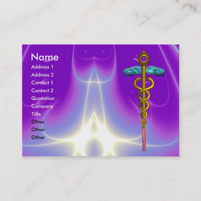 GOLD CADUCEUS,DOCTOR,MEDICAL SERVICE Bright Purple Business Card (Front)
