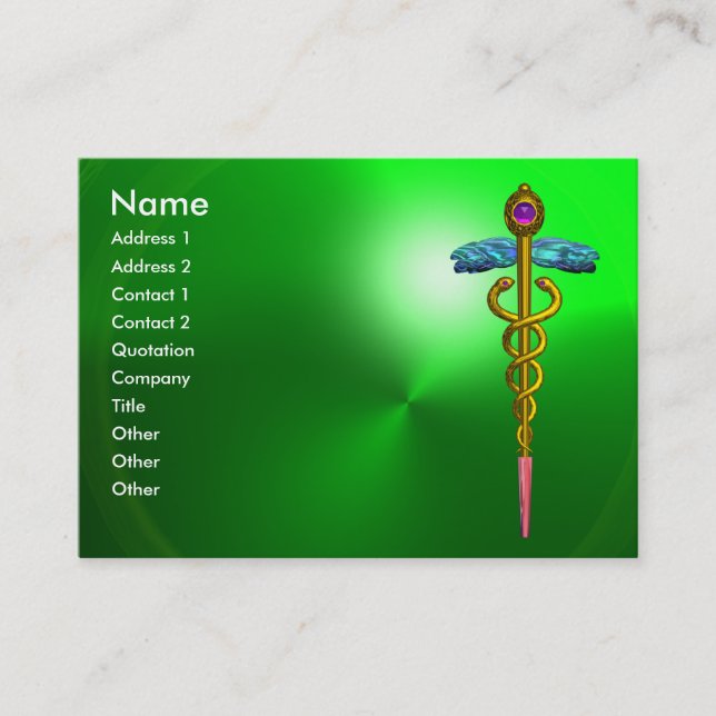 GOLD CADUCEUS,DOCTOR,MEDICAL SERVICE EMERALD GREEN BUSINESS CARD (Front)