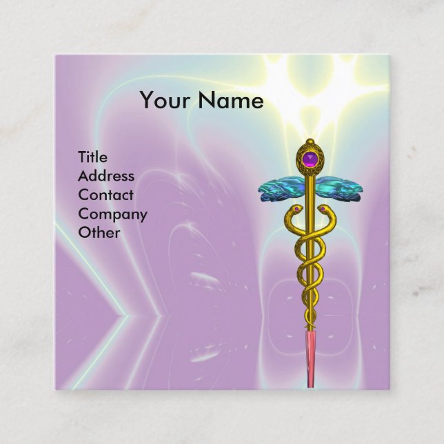 GOLD CADUCEUS,DOCTOR ,MEDICAL SERVICE Purple Teal Square Business Card (Front)