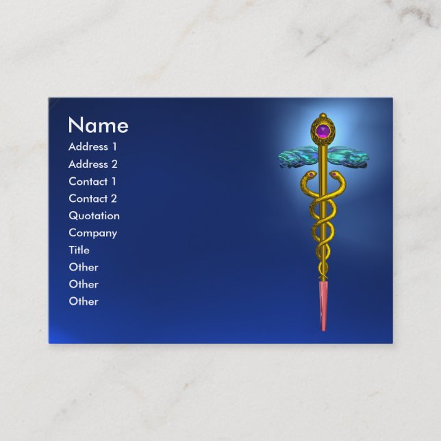 GOLD CADUCEUS,DOCTOR,MEDICAL SYMBOL Blue Sapphire Business Card (Front)