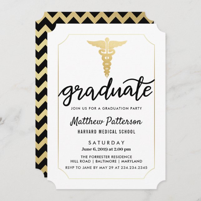 Gold Caduceus Graduate Script | Gold Chevron Invitation (Front/Back)