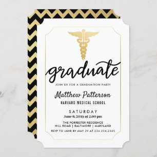 Gold Caduceus Graduate Script   Gold Chevron Invitation