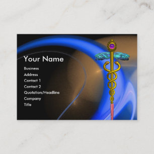 GOLD CADUCEUS IN BLUE PINK YELLOW FRACTAL SWIRLS BUSINESS CARD