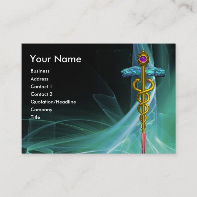 GOLD CADUCEUS IN GREEN BLUE TEAL LIGHT WAVES BUSINESS CARD (Front)