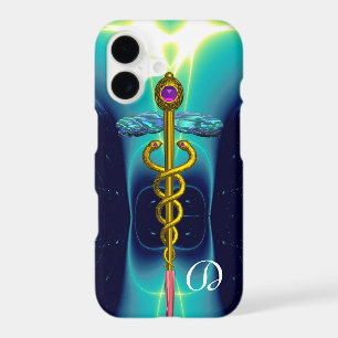 GOLD CADUCEUS MEDICAL MONOGRAM ,Teal Aqua blue