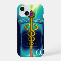 GOLD CADUCEUS MEDICAL MONOGRAM ,Teal Aqua blue