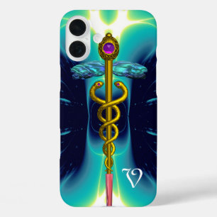 GOLD CADUCEUS MEDICAL MONOGRAM Turquoise Blue iPhone 16 Plus Case