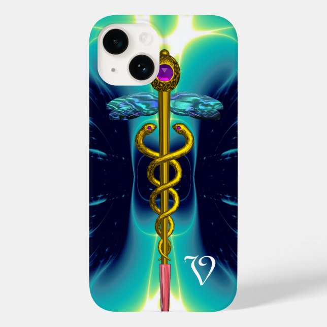 GOLD CADUCEUS MEDICAL MONOGRAM Turquoise Blue Case-Mate iPhone Case (Back)