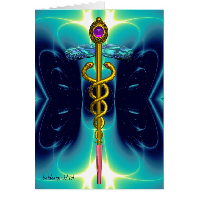 GOLD CADUCEUS MEDICAL SYMBOL Aqua Blue Light Waves (Front)