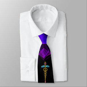 GOLD CADUCEUS MEDICAL SYMBOL Black Purple Swirls Tie