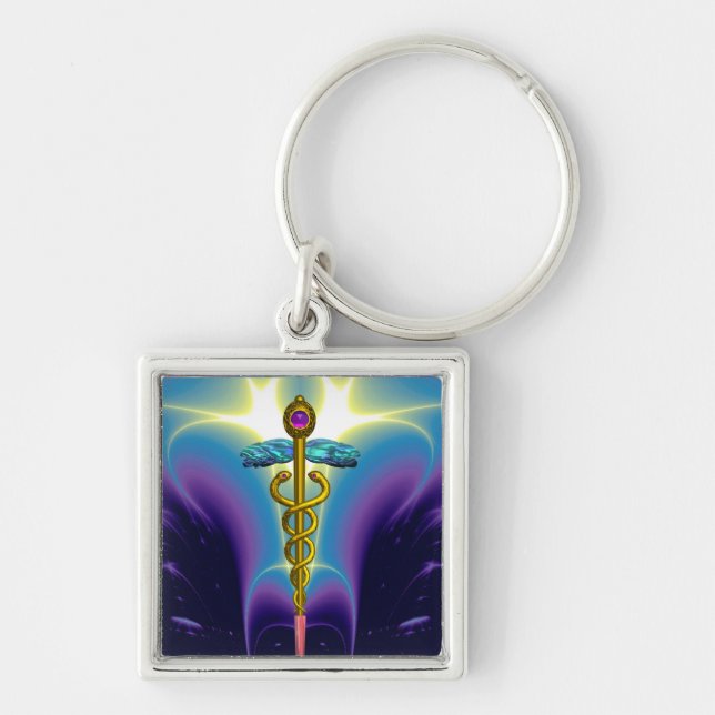 GOLD CADUCEUS MEDICAL SYMBOL Blue Purple Key Ring (Front)