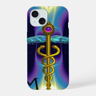 GOLD CADUCEUS MEDICAL SYMBOL ,Blue Purple Monogram iPhone 15 Case