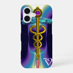 GOLD CADUCEUS MEDICAL SYMBOL ,Blue Purple Monogram iPhone 16 Case