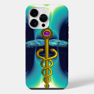 GOLD CADUCEUS MEDICAL SYMBOL ,Blue Turquoise Teal iPhone Case