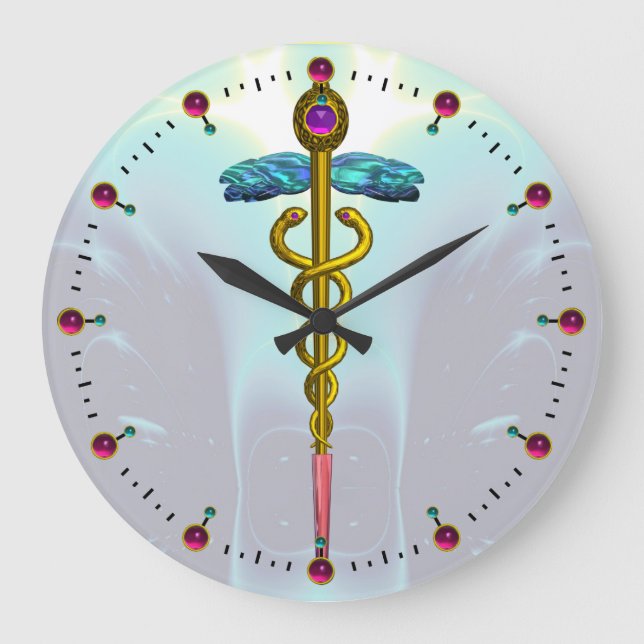 GOLD CADUCEUS Medical Symbol Light Teal Aqua Blue Large Clock (Front)